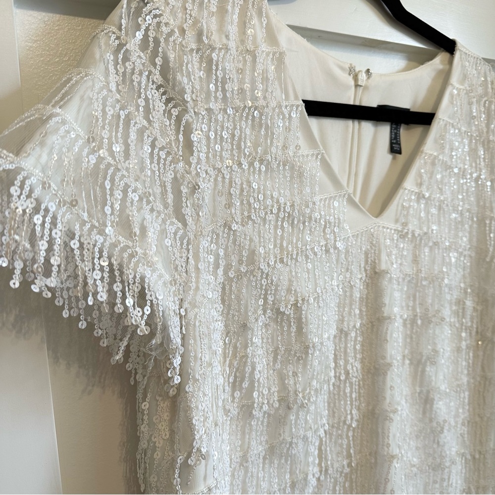 Aidan Mattox Dress Size 10 Ivory Sequined Fringe Shift Cocktail Dress - Picture 6 of 9